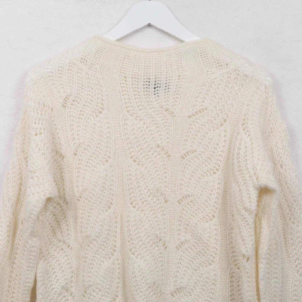 J CREW Pointelle Cable Knit Alpaca Blend Sweater‎ Boxy Mock Neck Ivory Fuzzy XXS